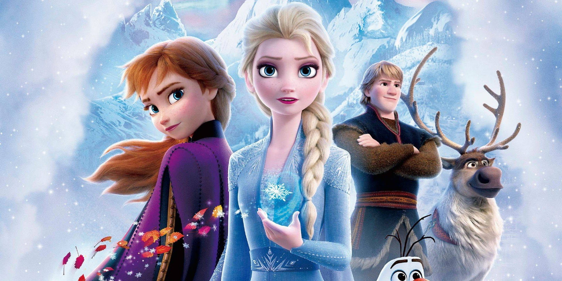 Promotional poster for Disney's Frozen 2, featuring Anna, Elsa, Kristoff, Sven, and Olaf against a snowy mountain backdrop