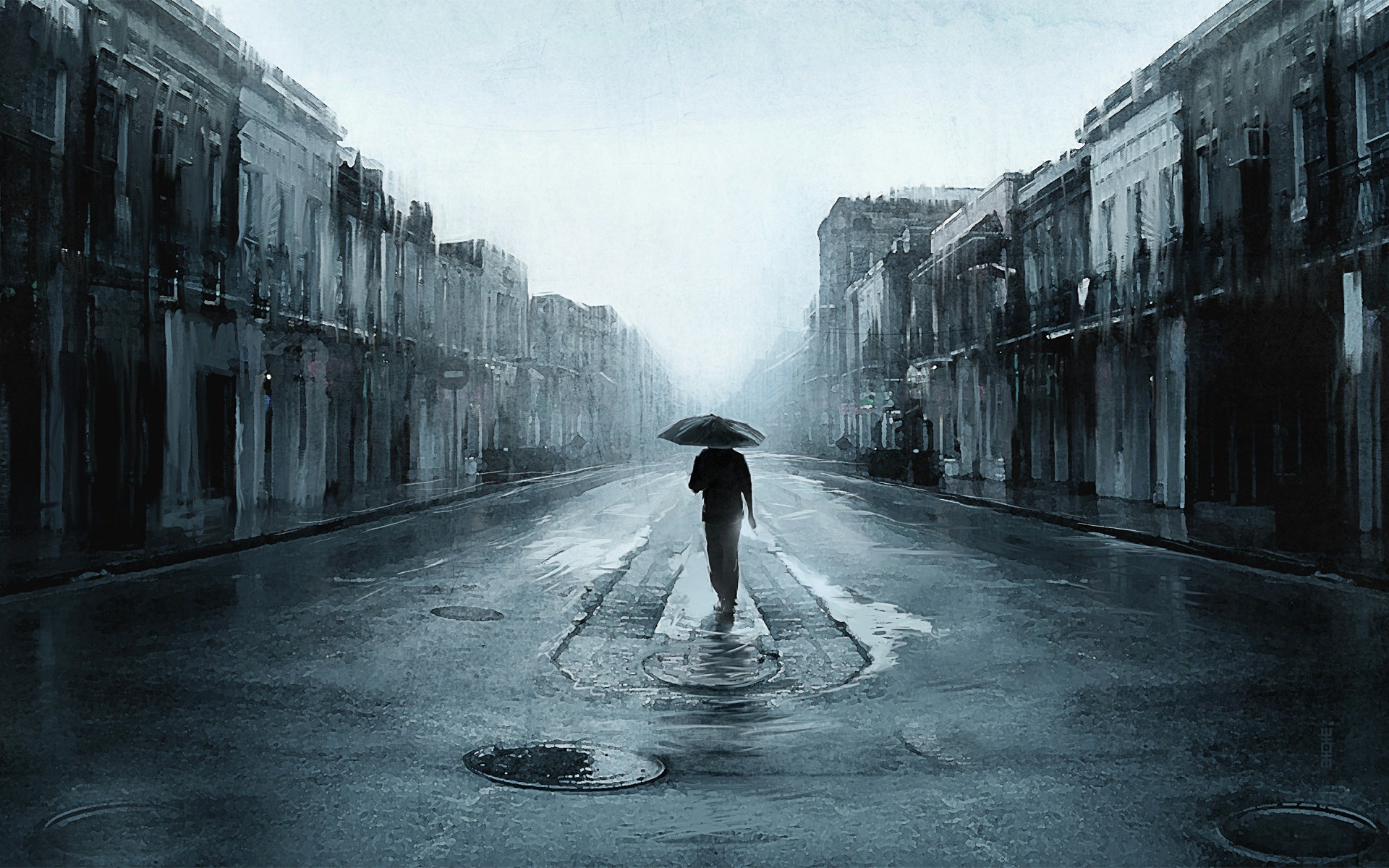 A lone figure walks down a rain-soaked street under a dark umbrella, conveying a sense of sadness and isolation