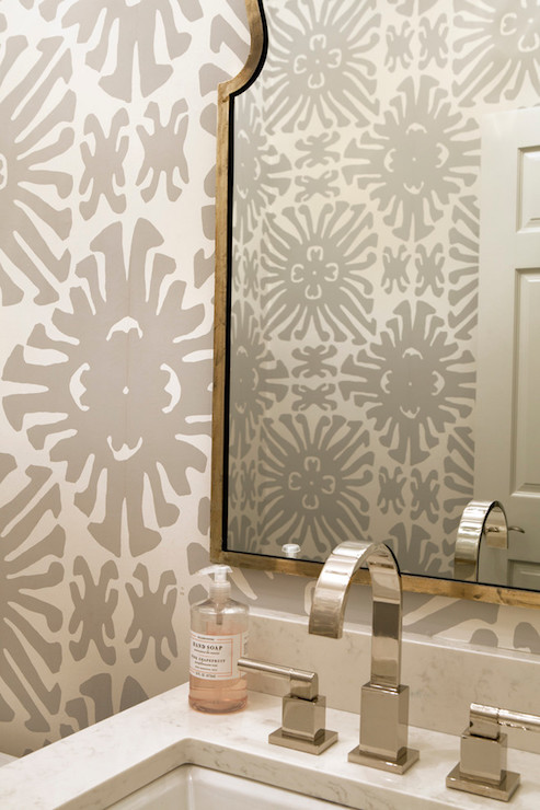 Gray Powder Room Wallpaper Transitional Bathroom