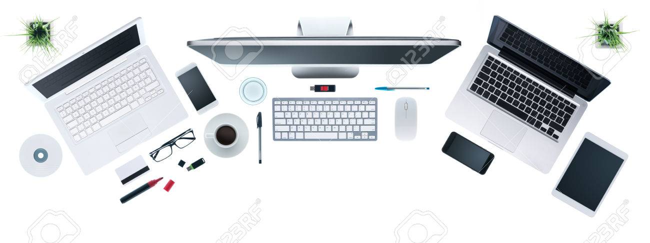 Hi Tech Business Desktop With Puters Set Digital Tablet And