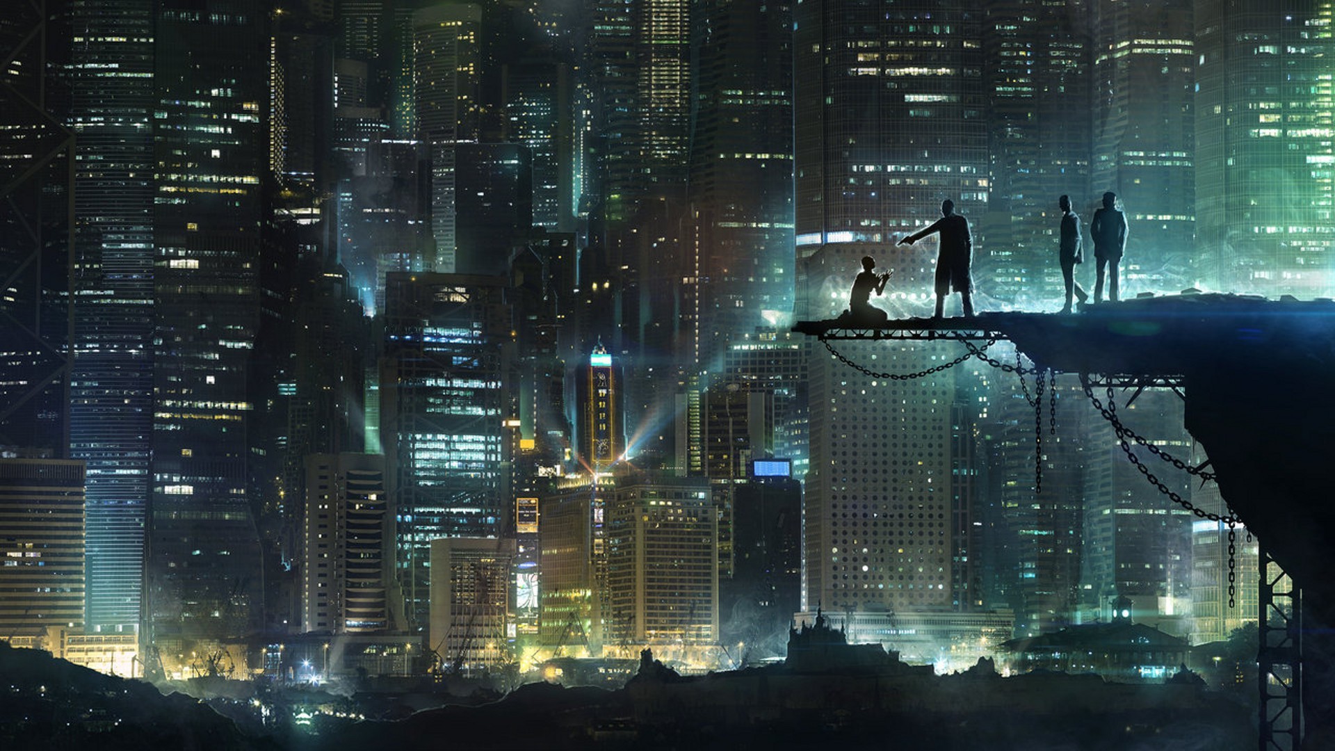 A cyberpunk cityscape at night with shadowy figures on a precipice overlooking the illuminated metropolis