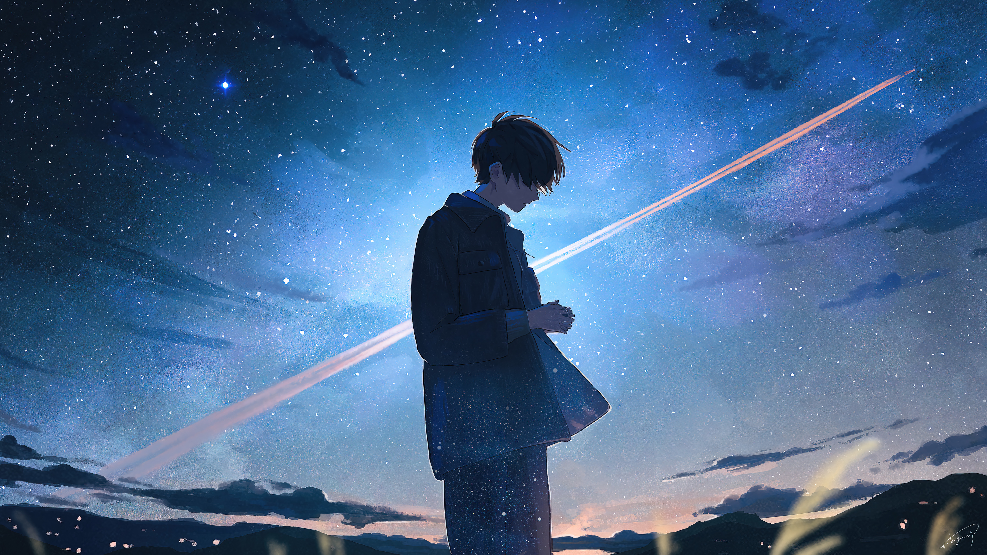 Anime Boy Alone Night Scenery Pc Desktop 4k Wallpaper