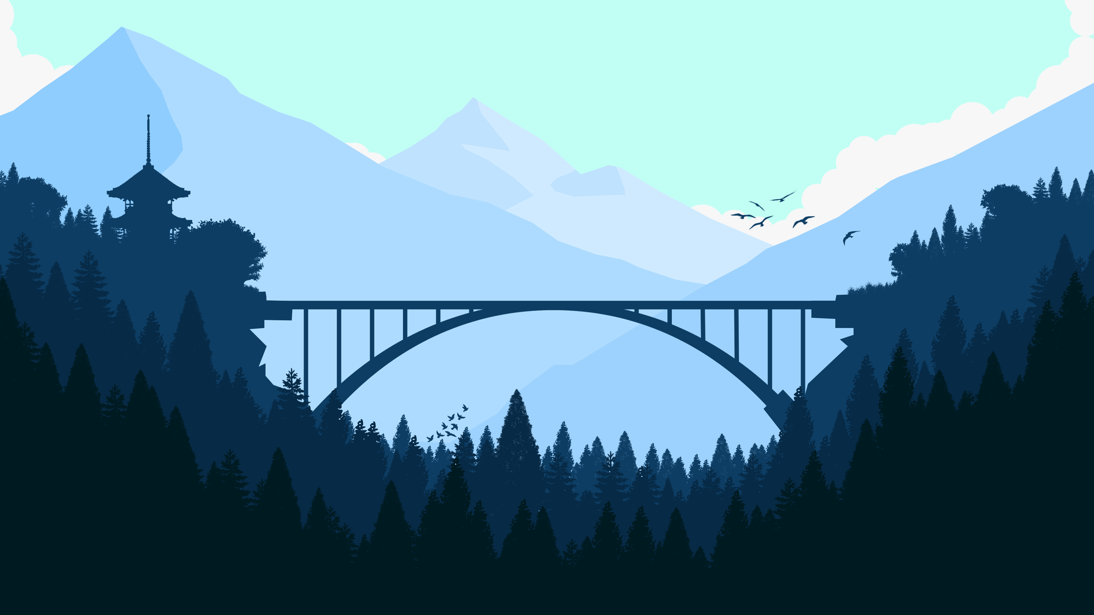 A minimalist 4k wallpaper featuring a bridge arching over a valley between two forested cliffs, with a pagoda on the left cliff and mountains in the background