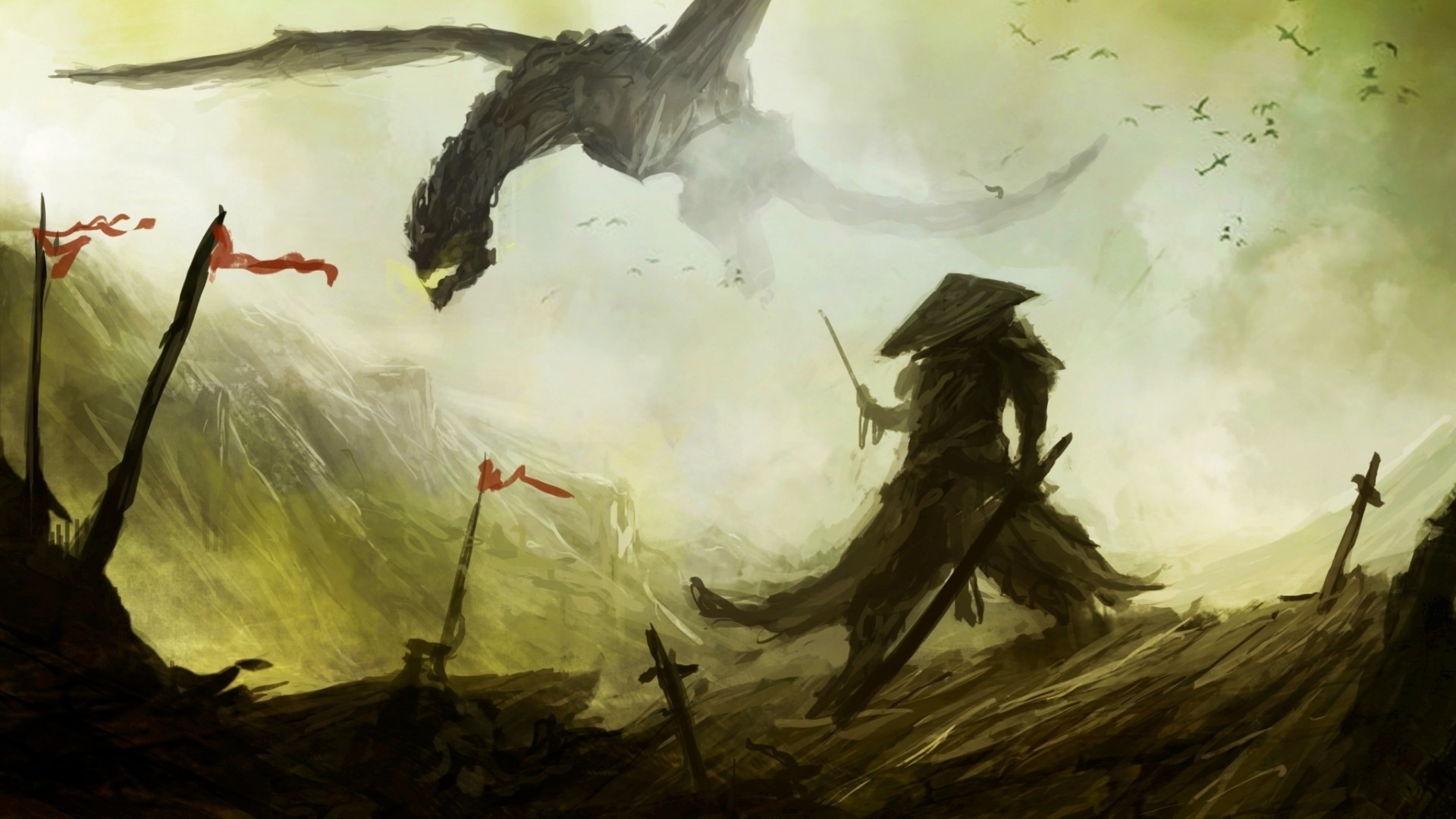 Dragon And Samurai Fantasy Art Desktop Pc