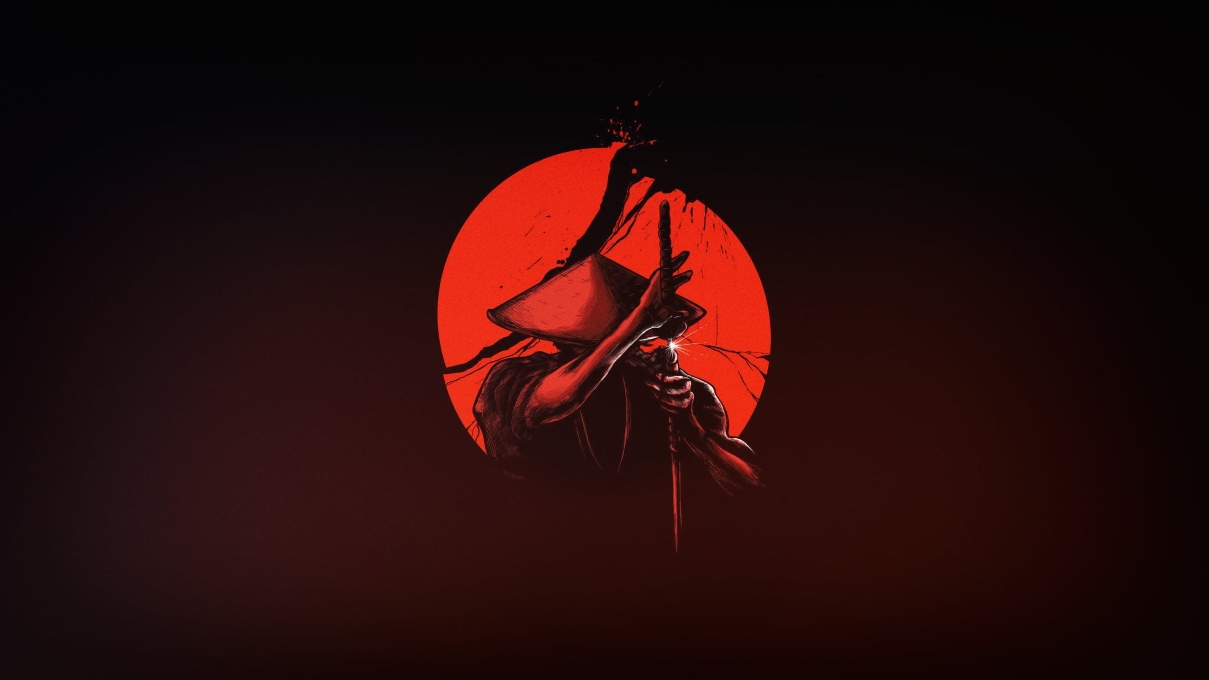 A silhouette of a samurai stands against a backdrop of a large, red setting sun. The samurai, clad in traditional attire, holds a katana, ready for battle. This powerful image evokes themes of honor, courage, and the warrior spirit