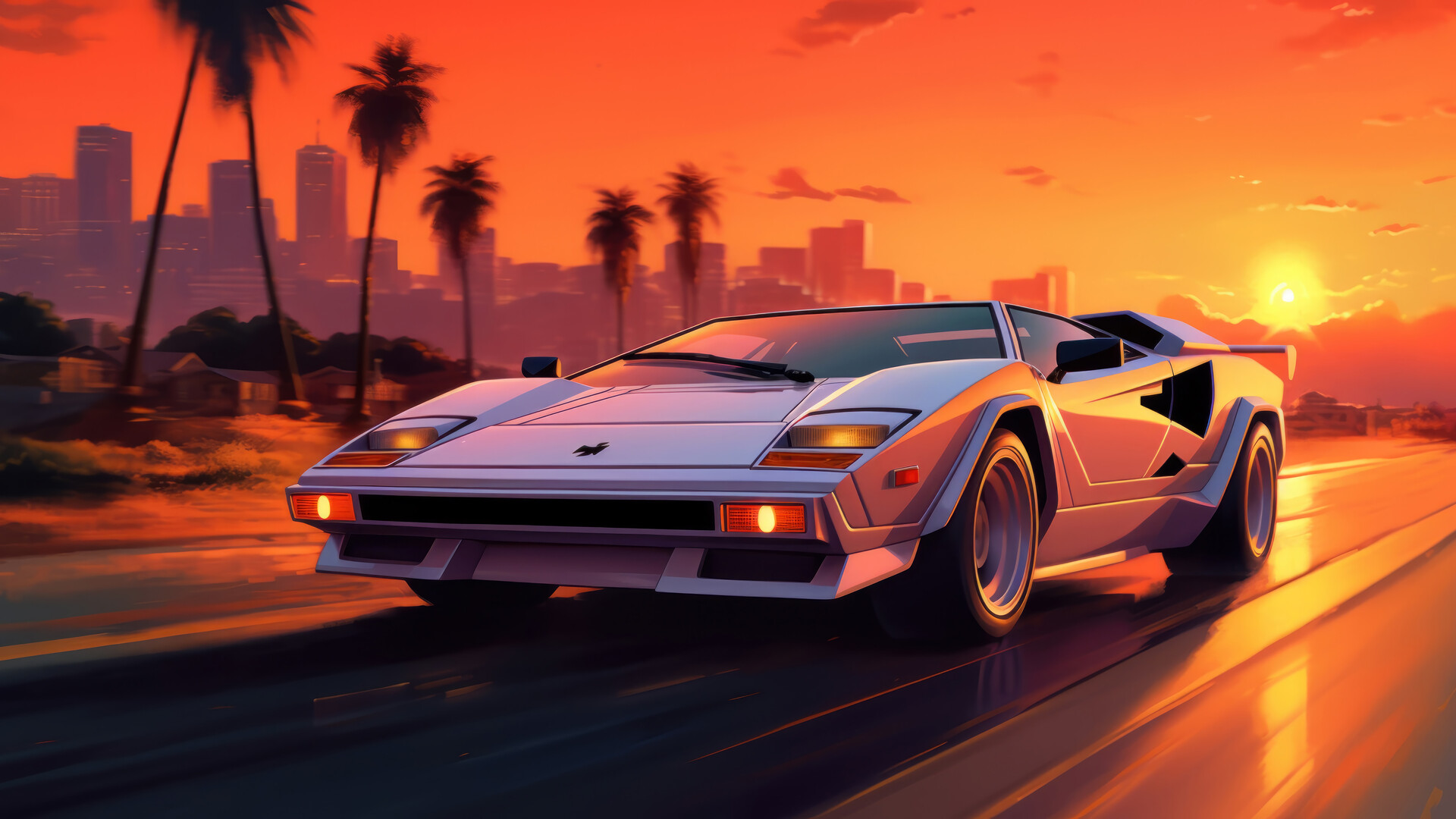 Lamborghini Sports Car Sunset Palm Trees 4k Wallpaper iPhone HD