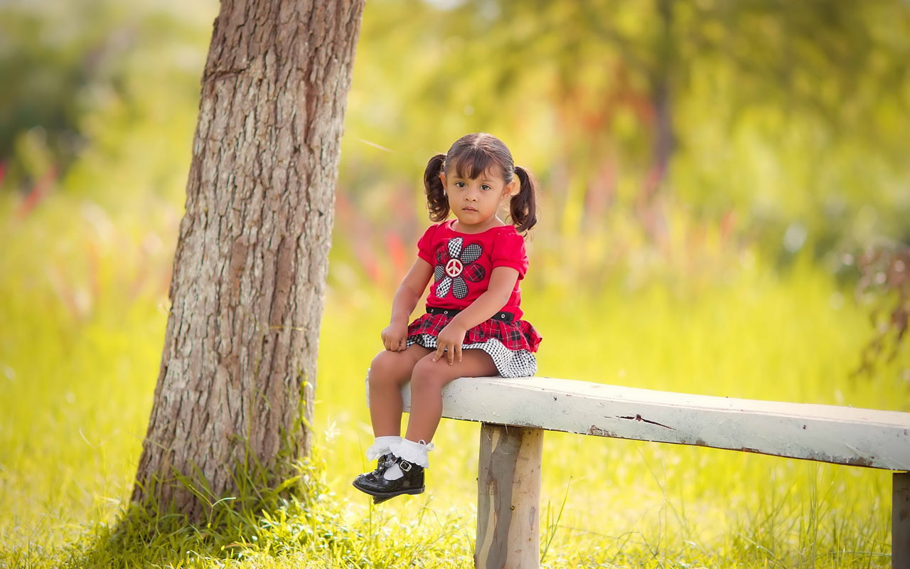 Cute Baby Little Girl On Bench With Red Dress HD Wallpaper