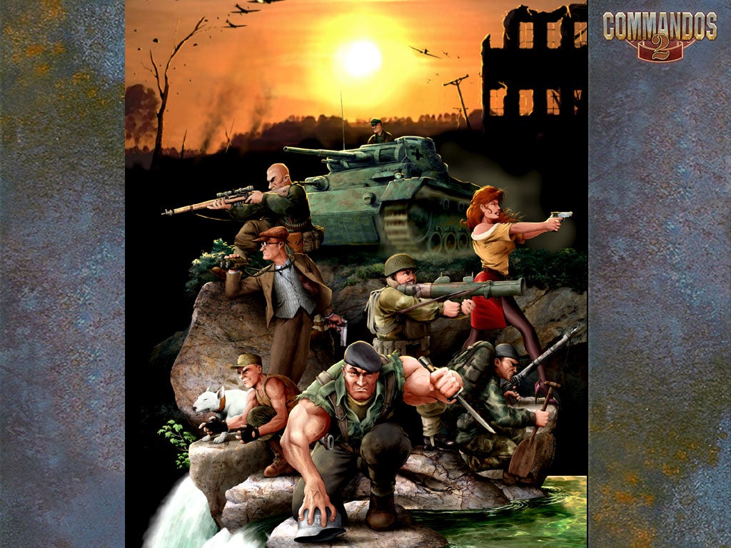 A group of commandos from the video game Commandos 2: Men of Courage, depicted in a dramatic wartime setting
