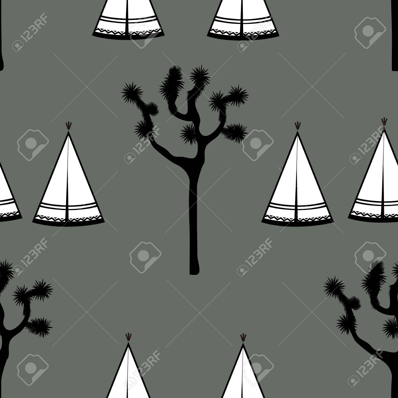 Indian Tents And Joshua Tree On White Background Cute Design