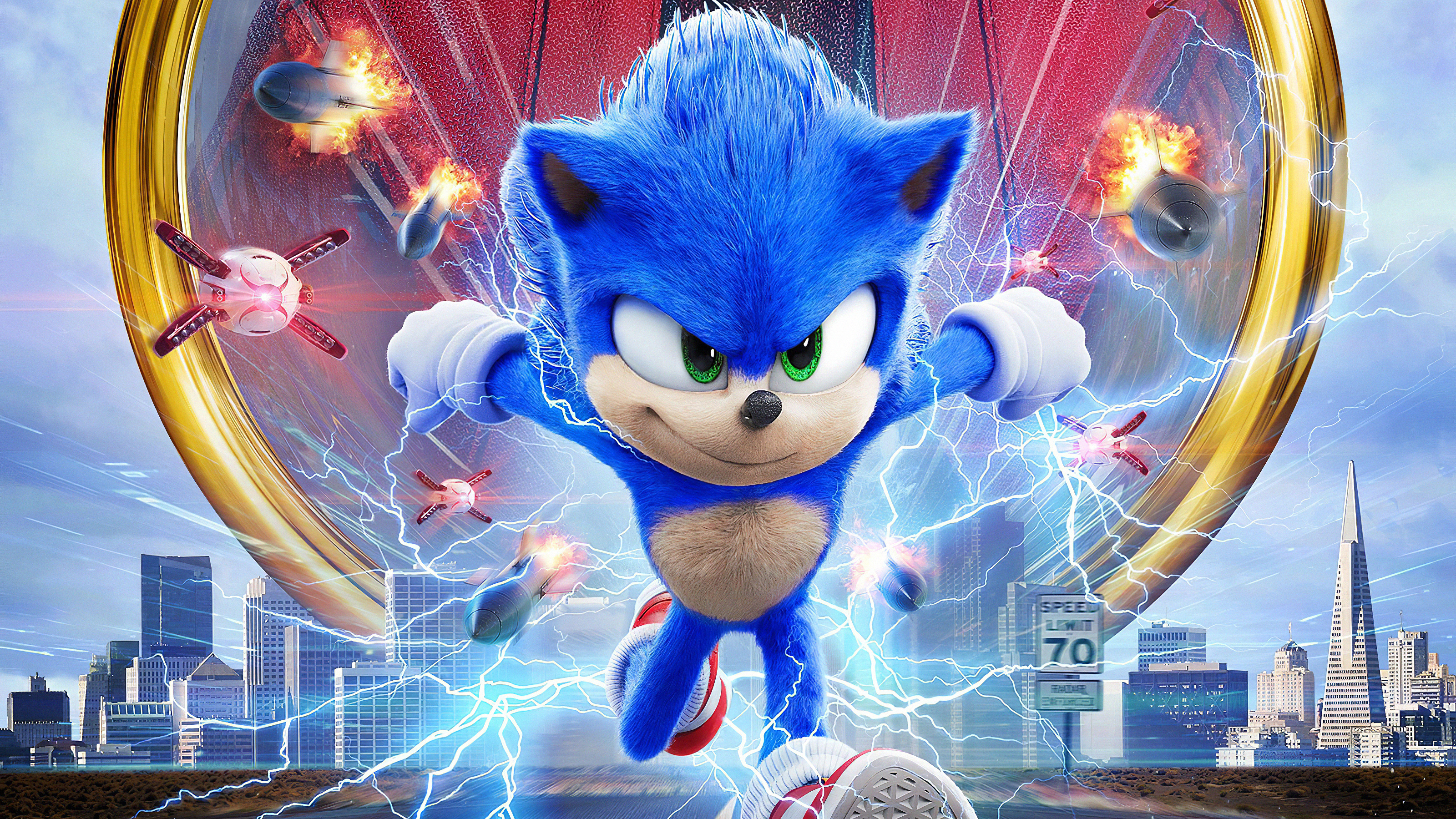 Sonic the Hedgehog in action, surrounded by electrical sparks and facing incoming missiles, with a cityscape in the background