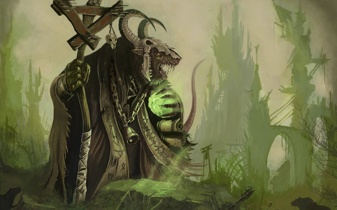 Skulls Warhammer Horns Fantasy Art Artwork Skaven Staff Rat Seer