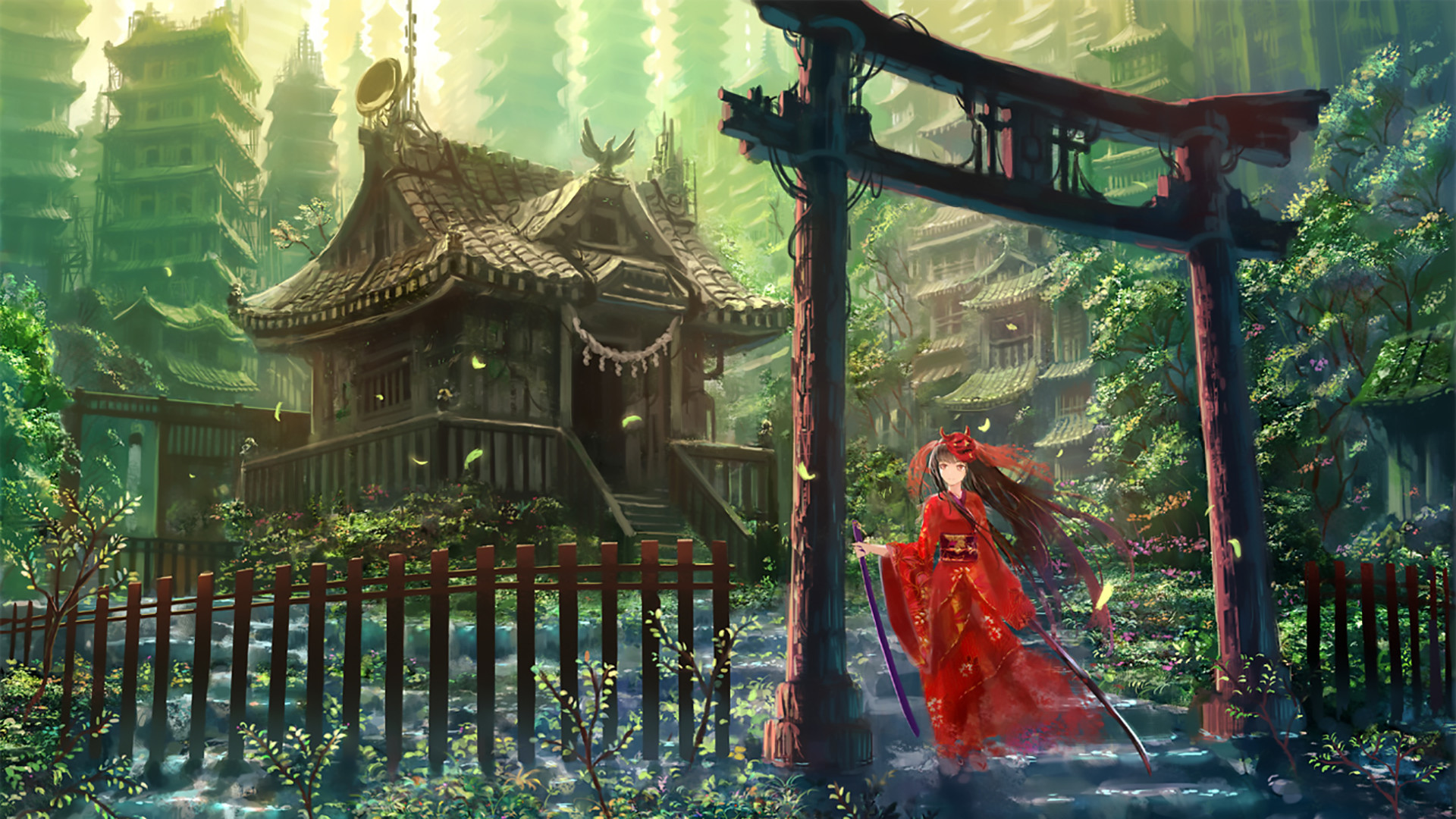 A young woman in a red kimono stands before a traditional Japanese shrine, a katana at her side, amidst lush greenery and falling leaves, with a torii gate and multi-storied pagodas in the background