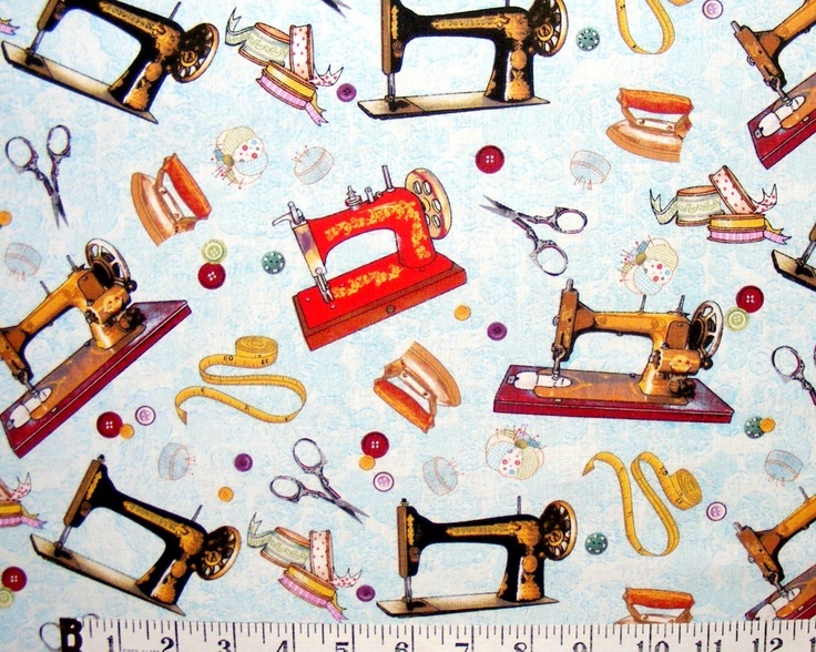 Sewing Theme Notions Vintage Machines Iron Scissors Buttons Fq