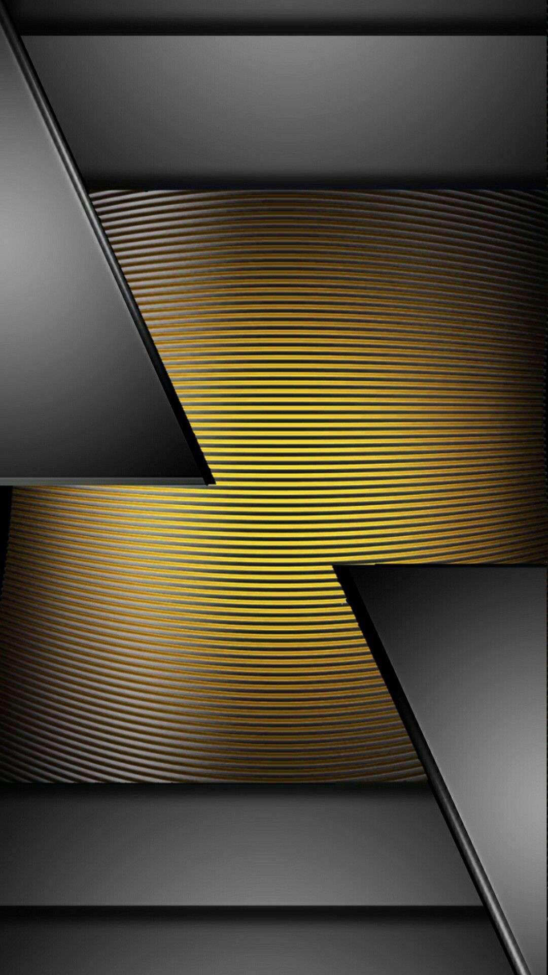 Abstract black and gold phone wallpaper with a textured, striped golden circle and sharp, geometric black shapes