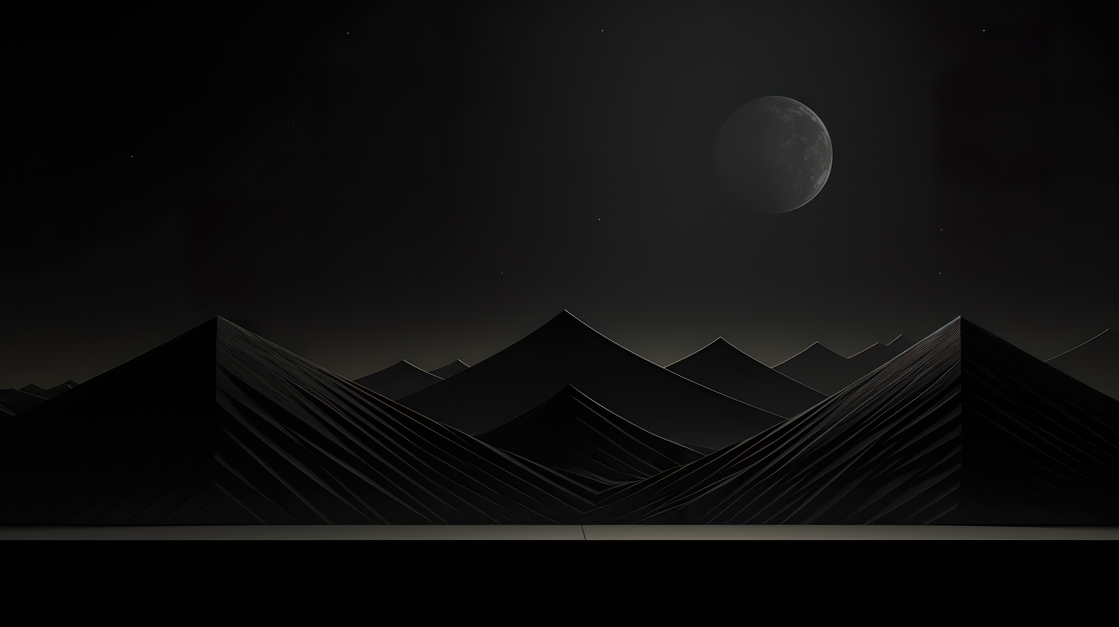 Dark and minimalist 4k wallpaper with abstract, geometric mountains and a crescent moon against a starry night sky