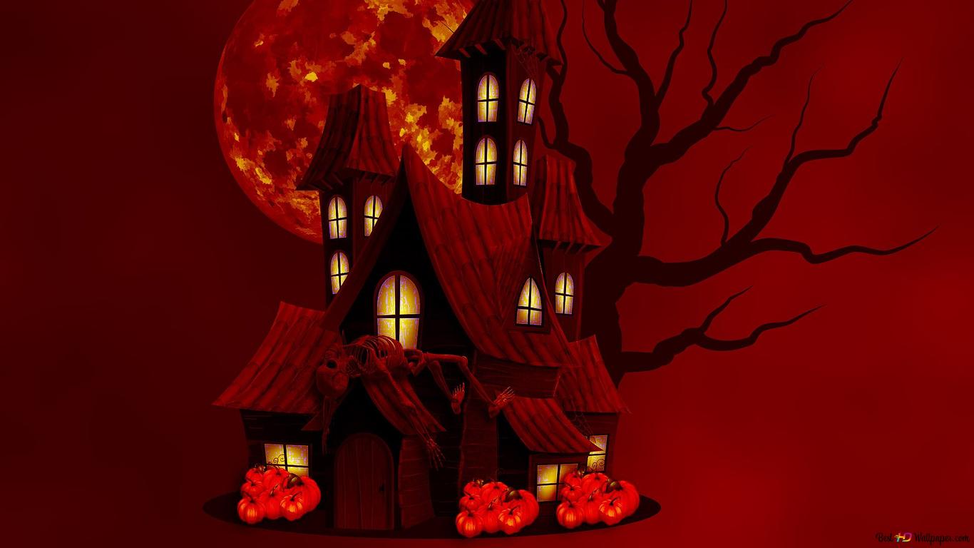 Dark Halloween Haunted House With Pumpkins HD Wallpaper