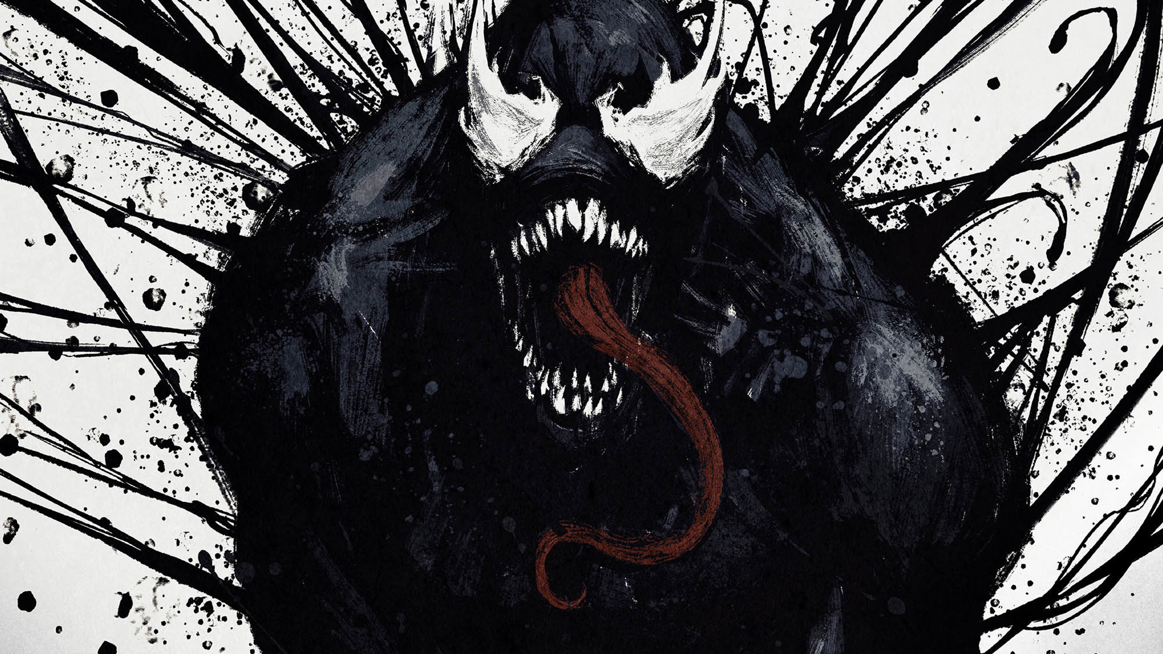 A striking close-up of Venom, the menacing alien symbiote, with sharp teeth, a long tongue, and white eyes, set against a backdrop of black splatters, perfect for Venom HD wallpapers