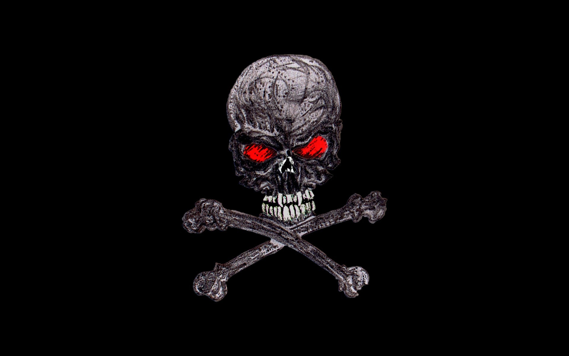 A menacing skull with glowing red eyes and crossed bones underneath, set against a stark black background