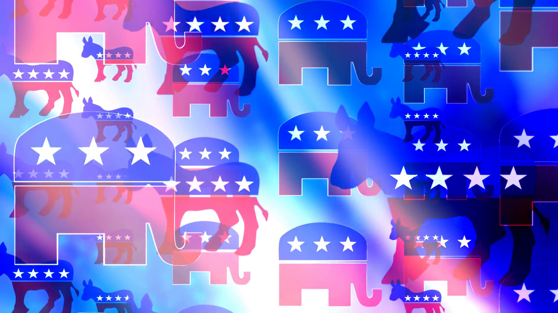 A vibrant collage of Republican Party elephant symbols and Democrat Party donkey symbols, representing the American political landscape