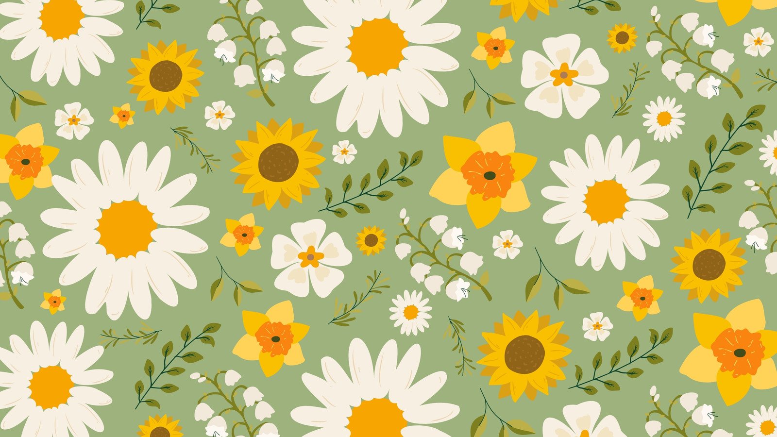 A cheerful desktop wallpaper featuring a repeating pattern of daisies, sunflowers, daffodils, and other wildflowers on a sage green background
