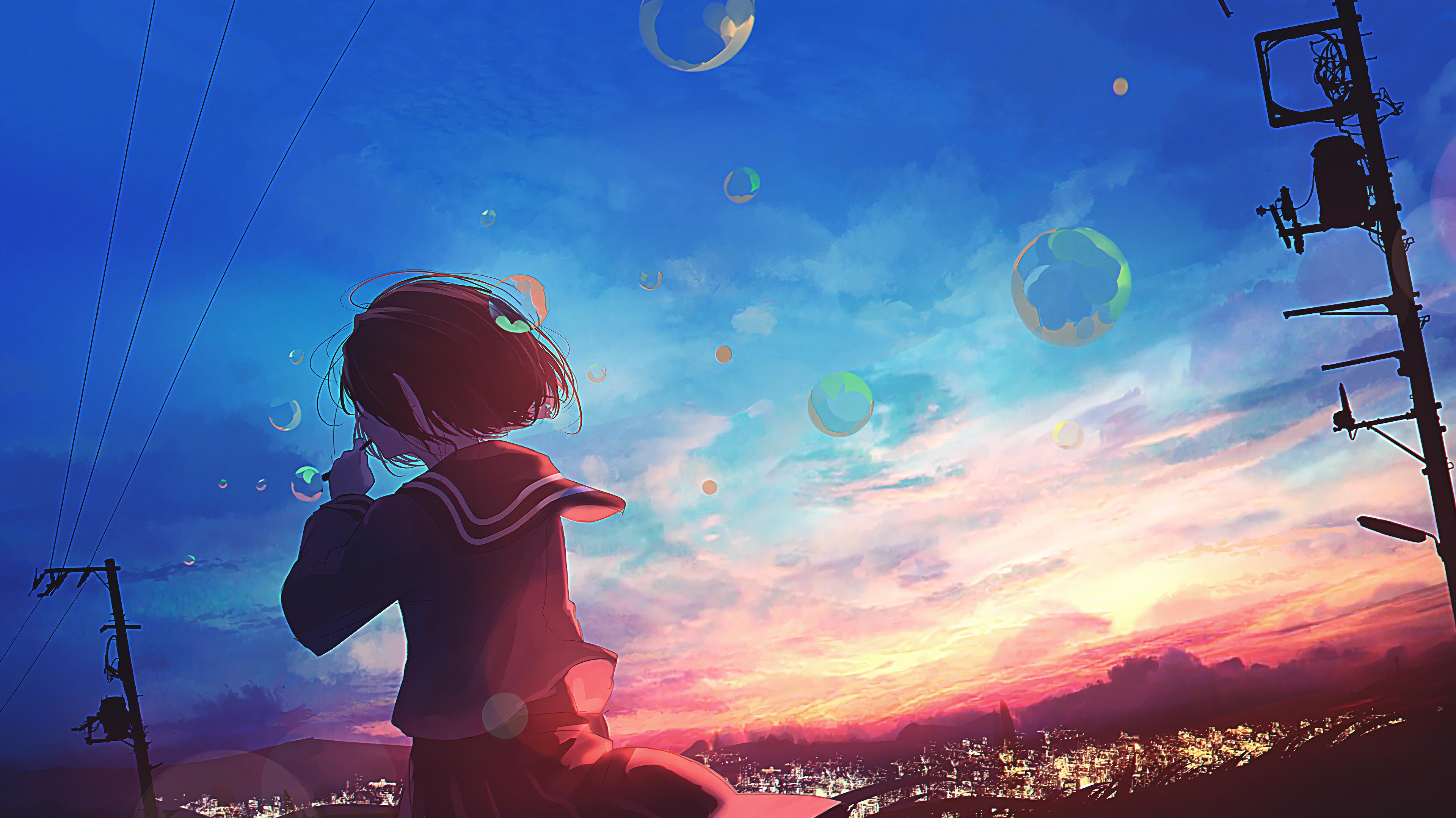 Anime Scenery Girl Sunset Bubbles 4K Wallpaper