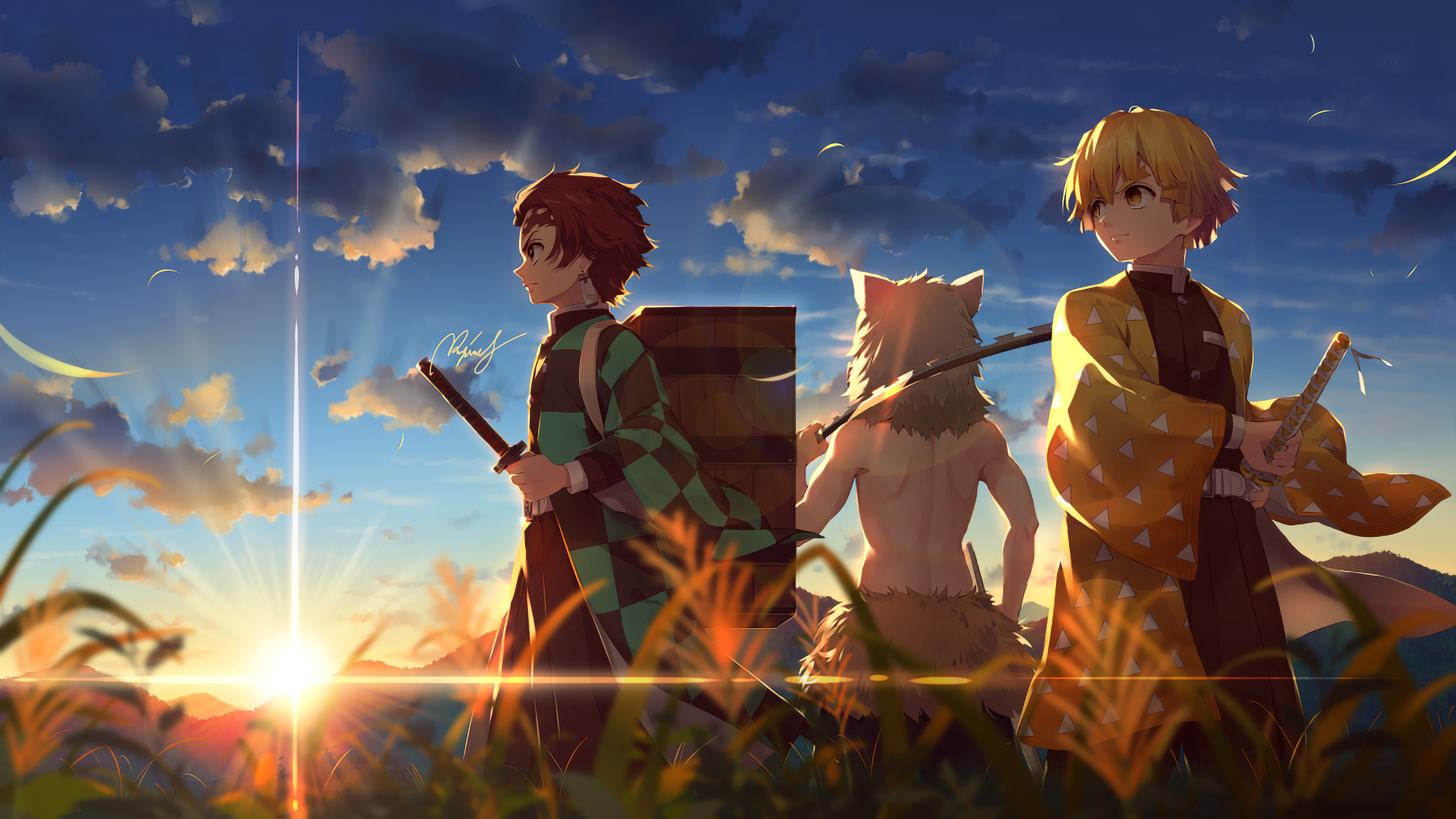 4K anime wallpaper featuring three characters from Demon Slayer, silhouetted against a vibrant sunset