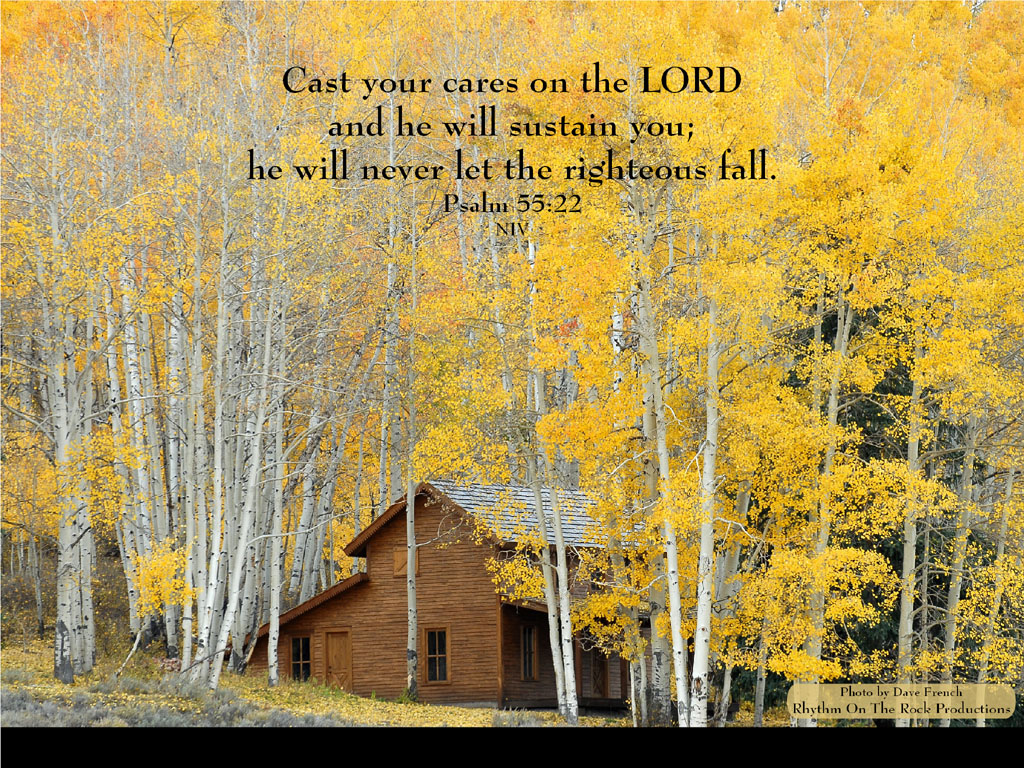 Golden forest landscape with bible verse from Psalm 55:22