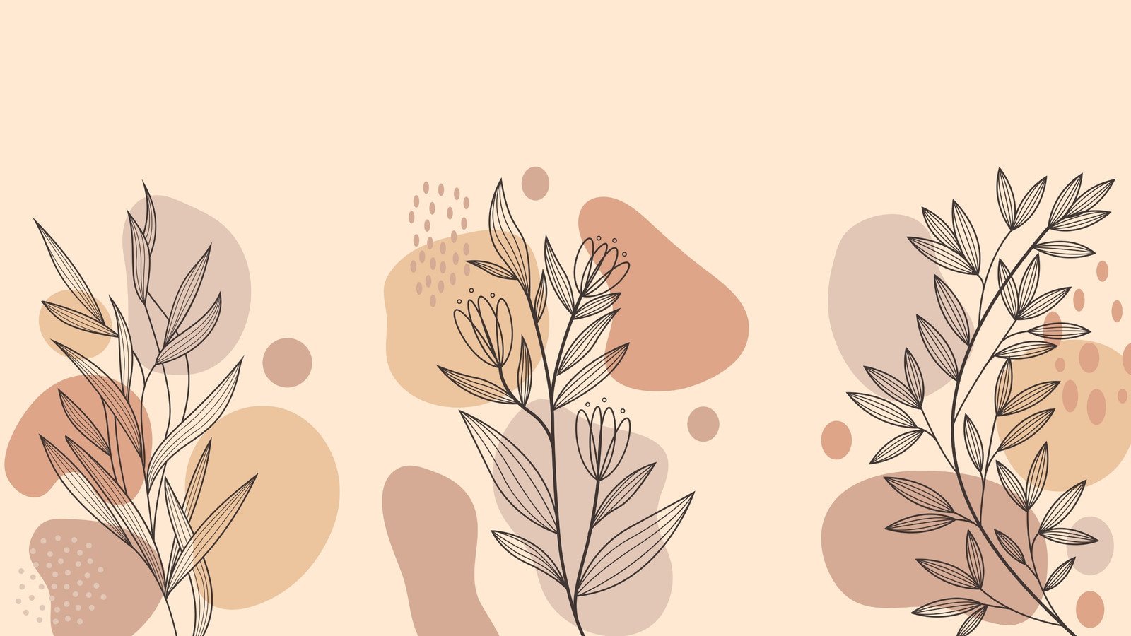 Aesthetic beige wallpaper with minimalist line art of flowers and leaves on an abstract background