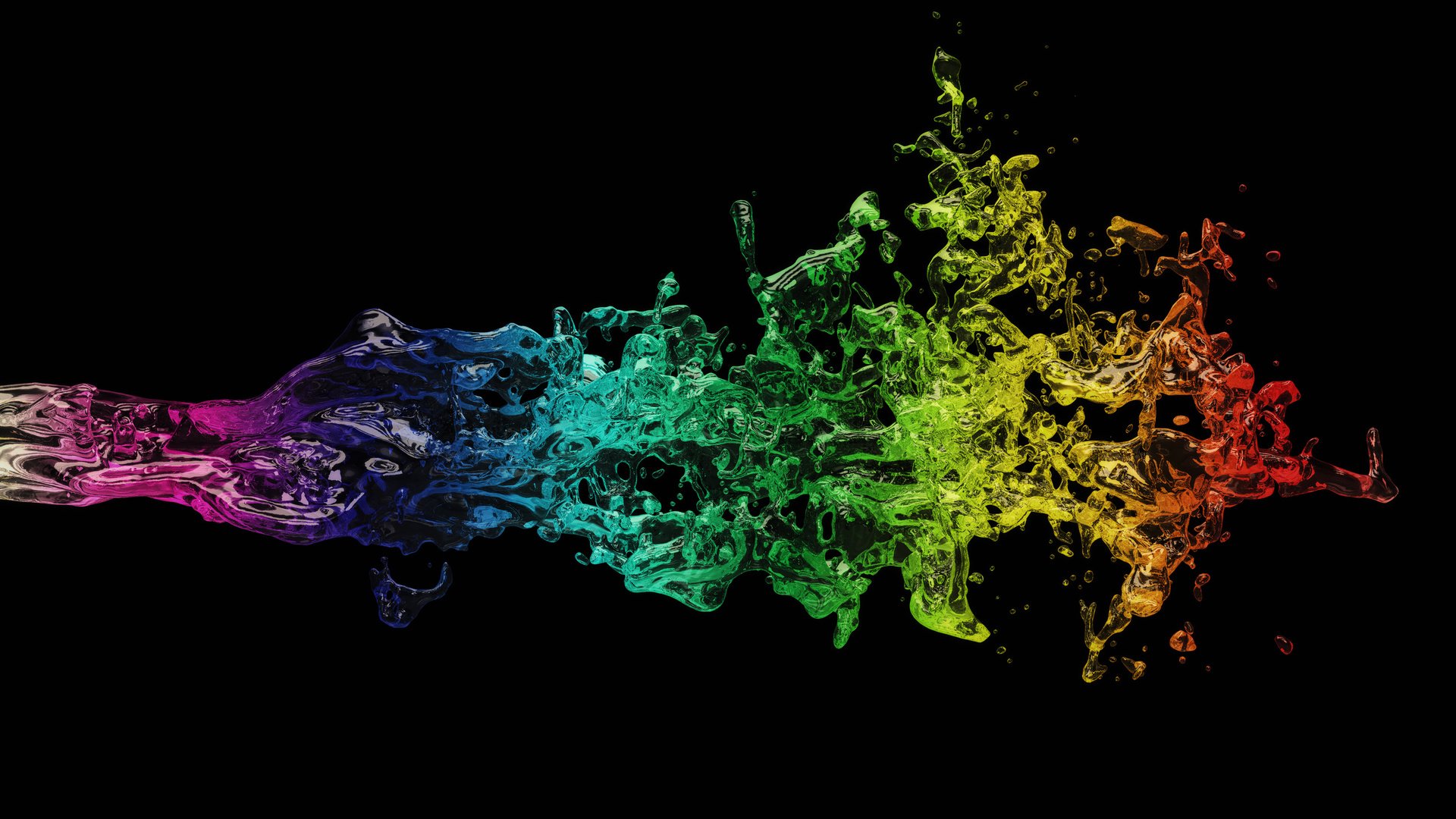 A vibrant splash of rainbow-colored liquid against a black background, perfect for a creative 4k wallpaper