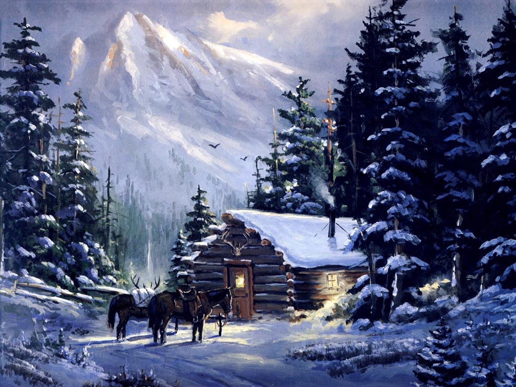 Art Mountain Cabin Wallpaper