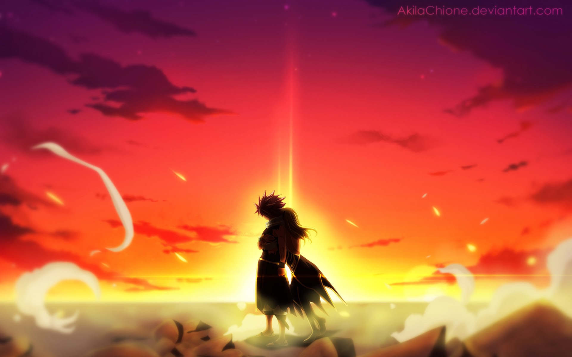 Natsu Lucy Hug Sunset Fairy Tail Anime HD Wallpaper B025