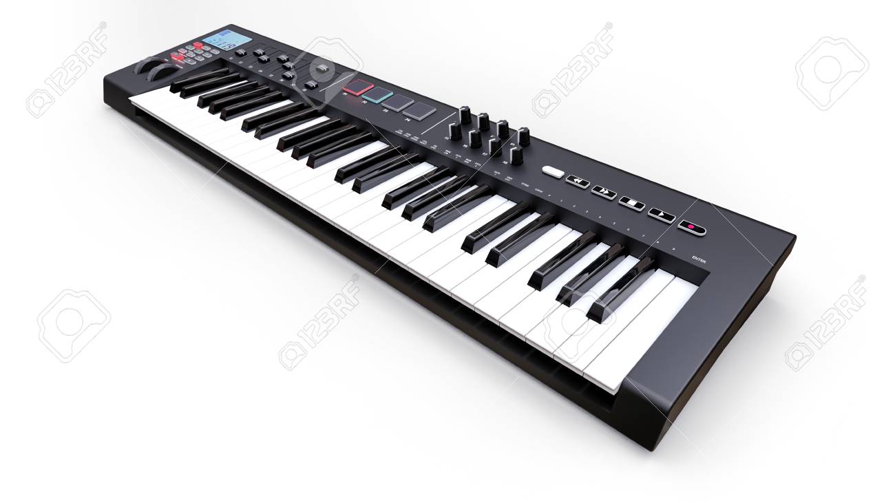 Black Synthesizer Midi Keyboard On White Background Synth Keys
