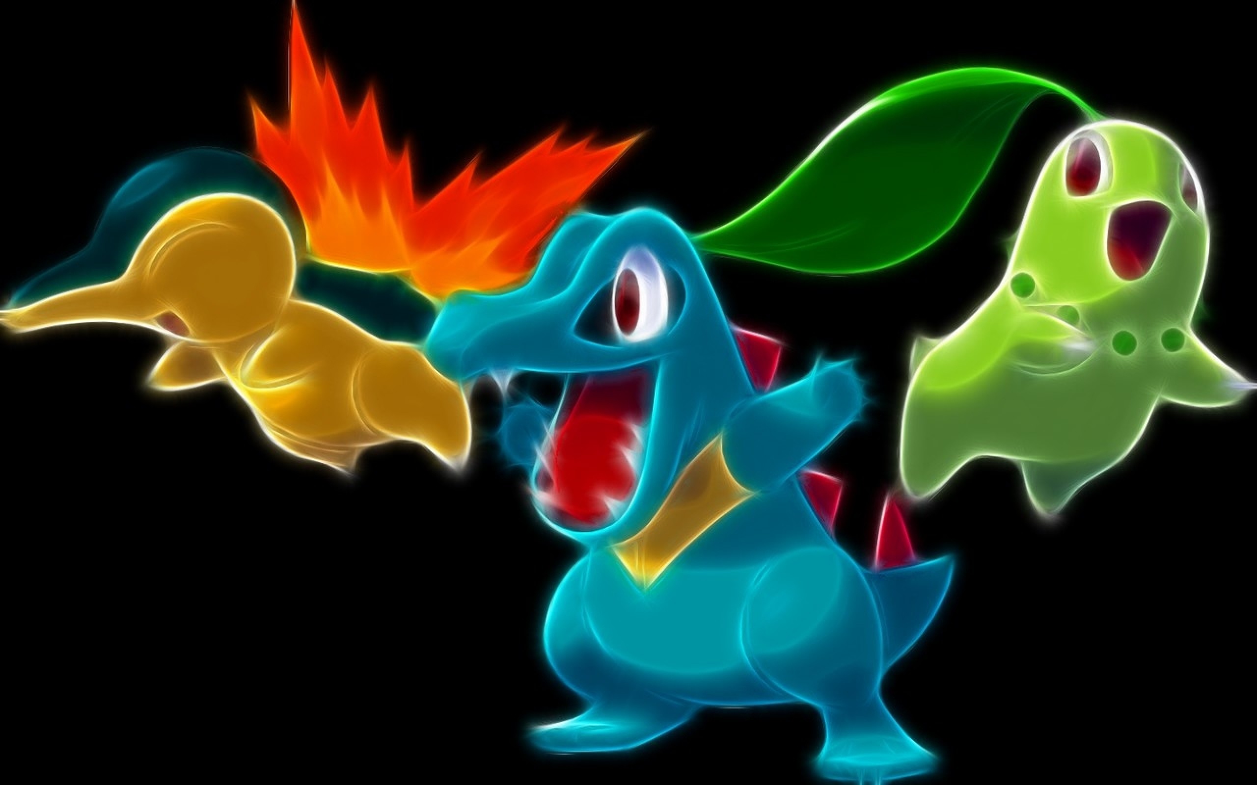 Neon-style illustration of the Kanto starter Pokemon: Charmander, Squirtle, and Bulbasaur