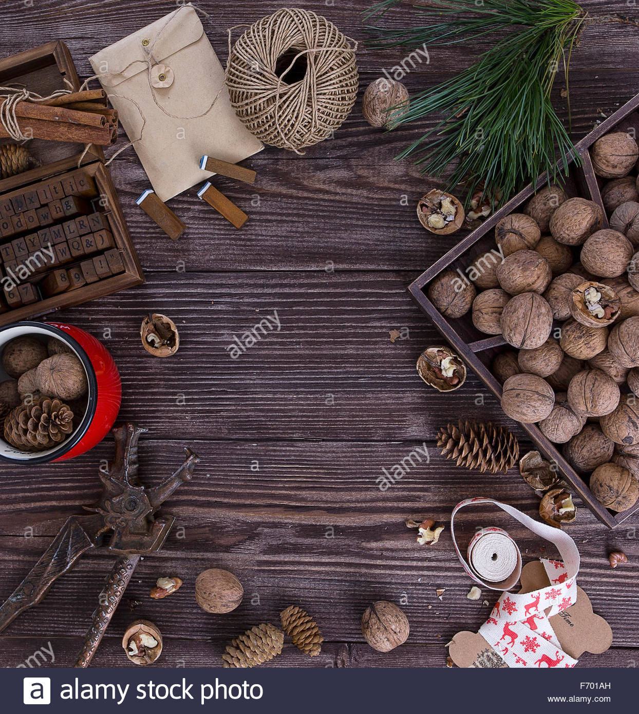 Christmas Wooden Background With Gift Fir Tree Walnut Pine