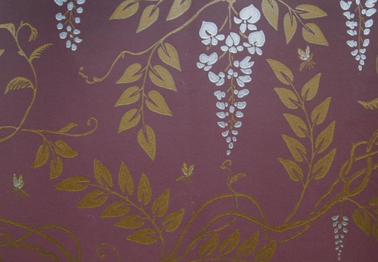 Egerton Wallpaper Climbing Wisteria In Satin Gold And White On Plum
