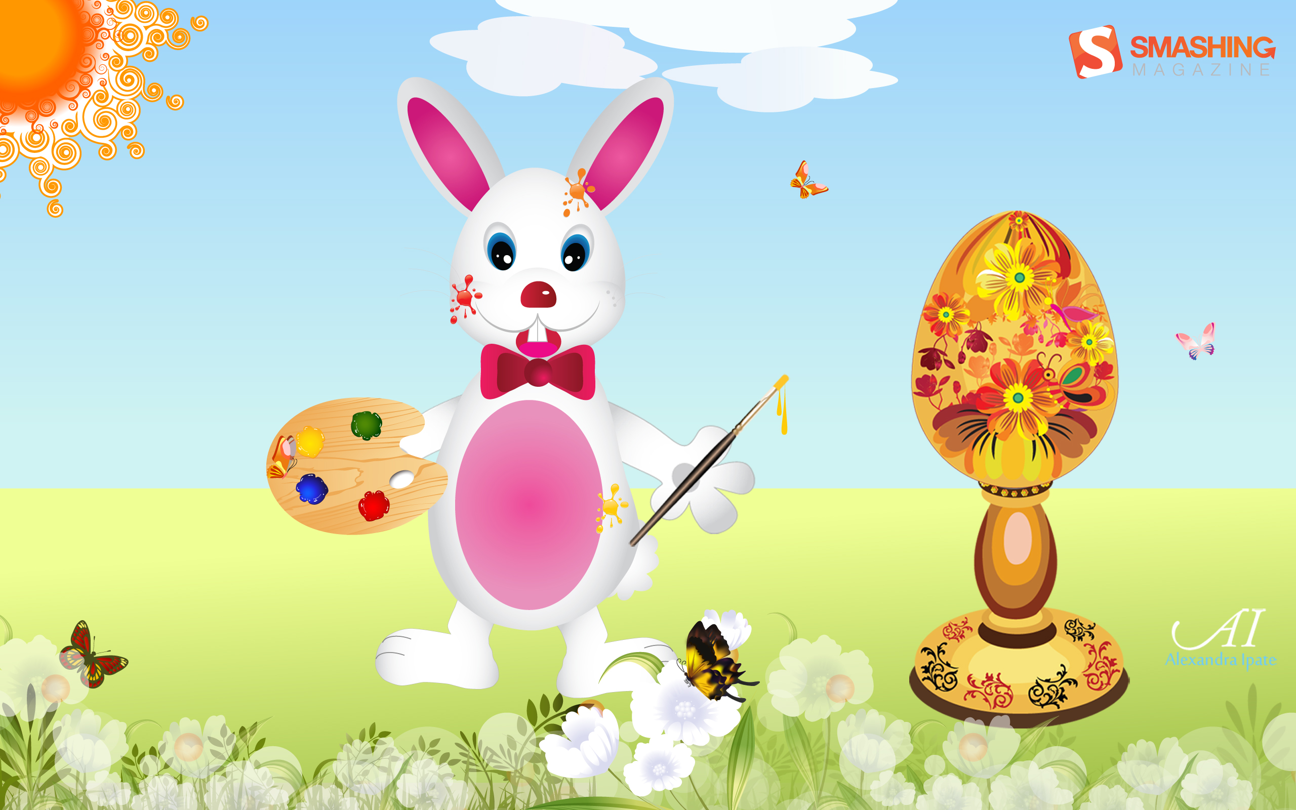 Joyful Easter Wallpaper Funny Bunnies And Painted Eggs