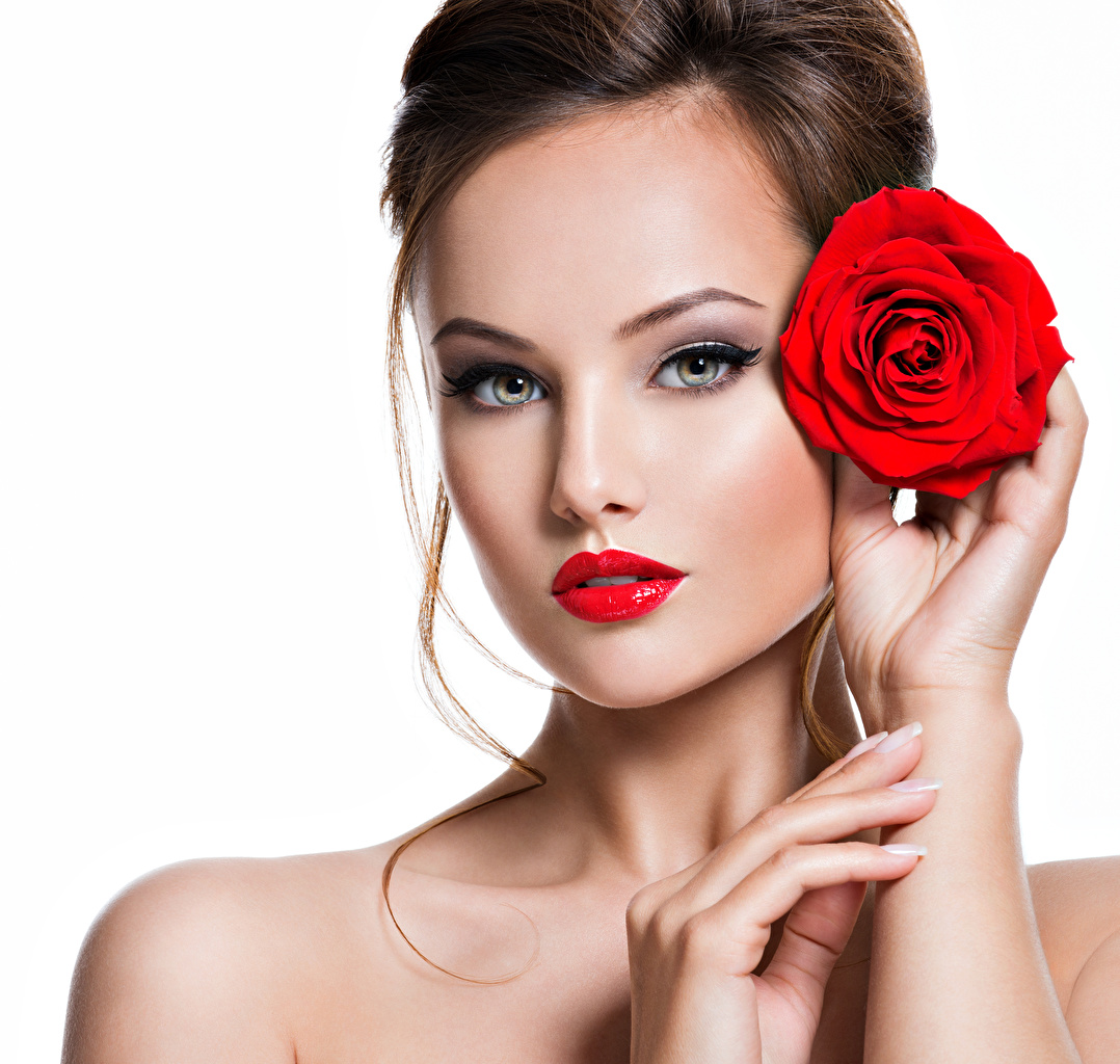 Wallpaper Brown Haired Model Beautiful Face Roses Young Woman