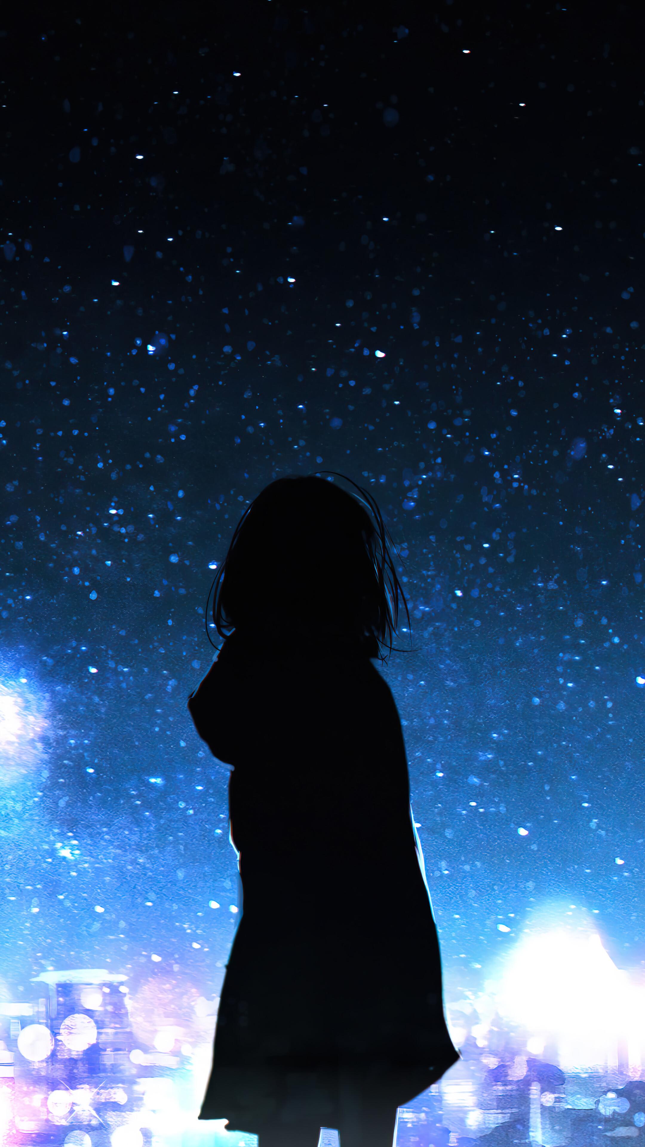 Anime Girl Silhouette Night City Stars Scenery 4k Phone iPhone