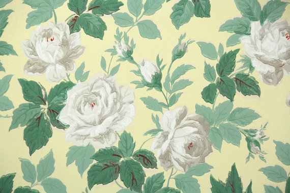 S Vintage Wallpaper White Cabbage Roses By Hannahstreasures