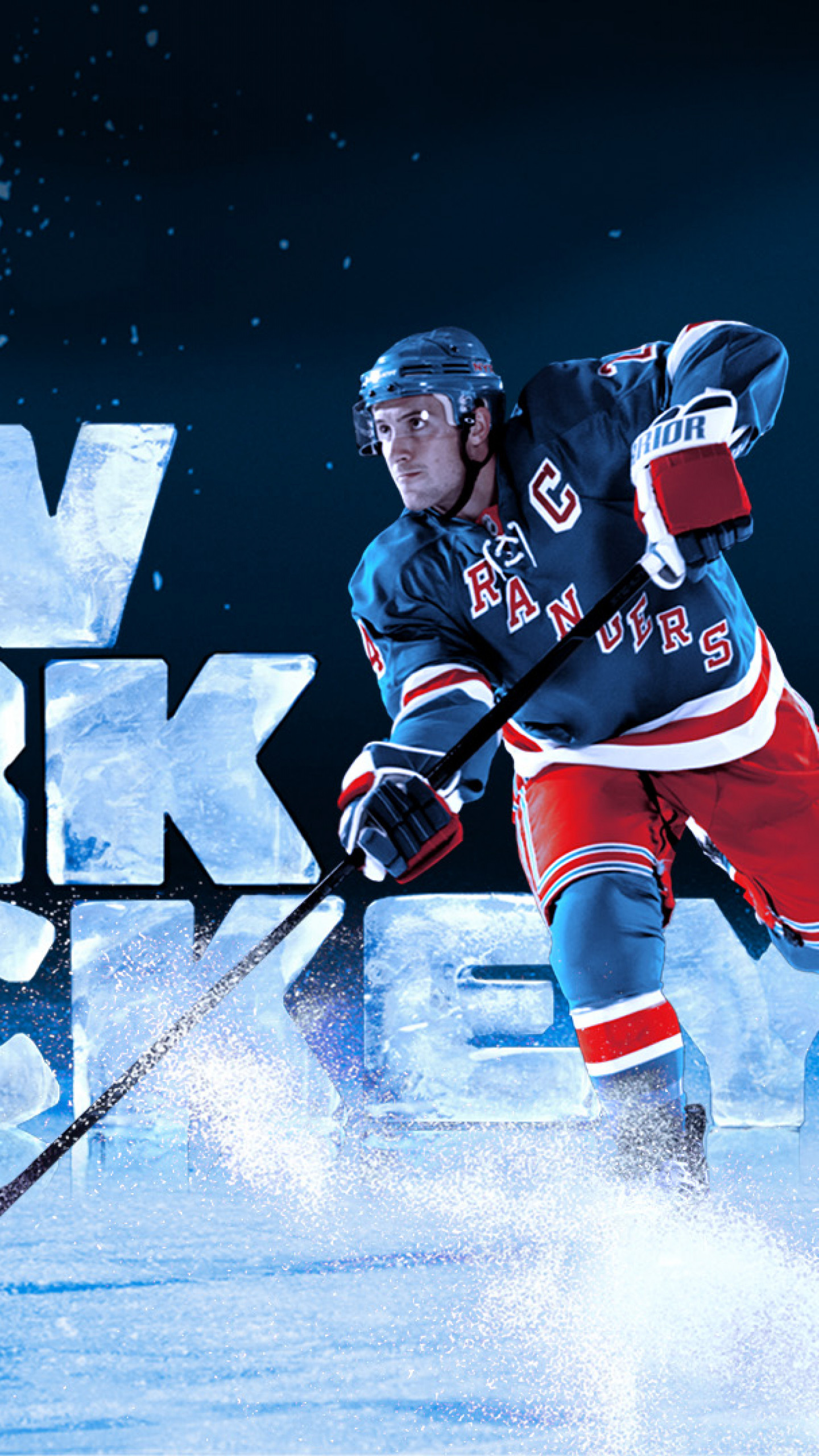 New York Rangers hockey player skating on ice, ice hockey action shot