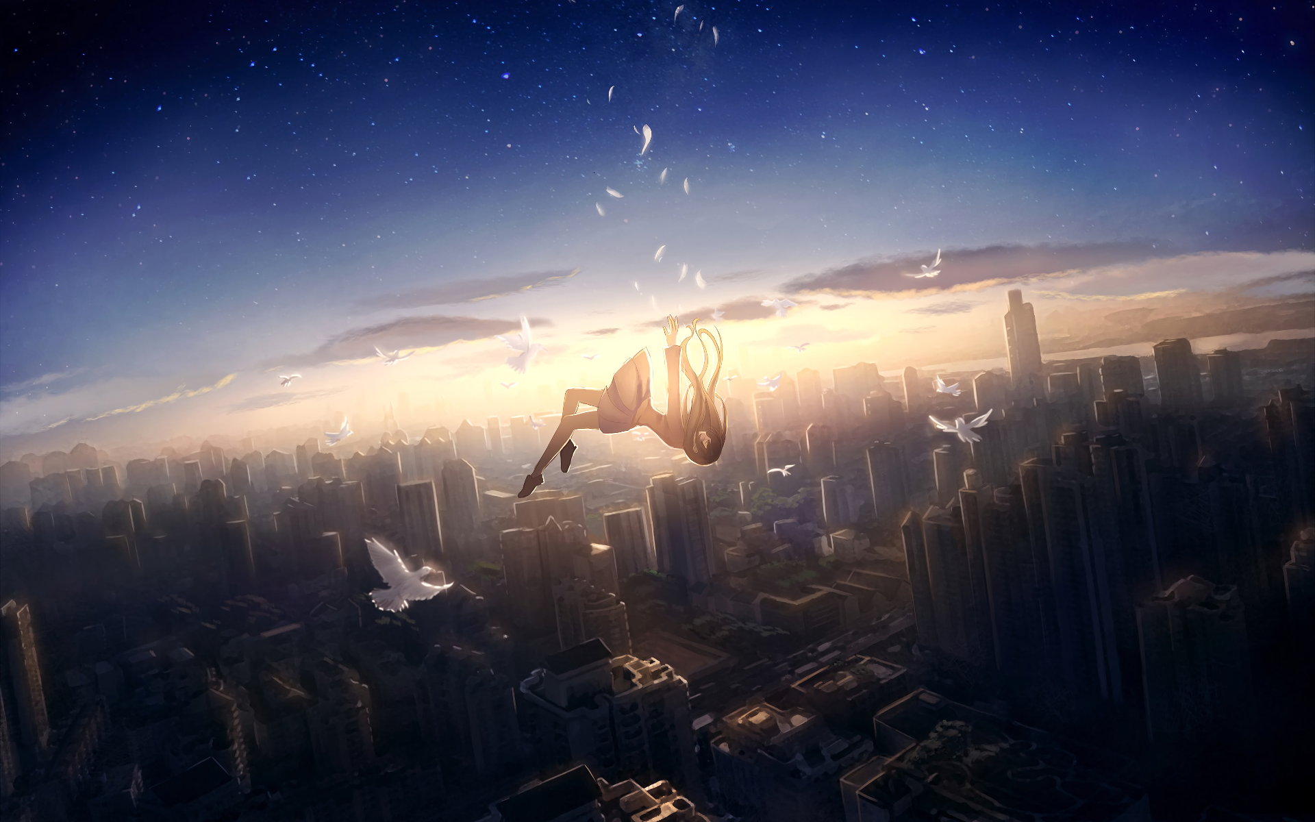 Anime Girl Falling Down Cityscape Bird