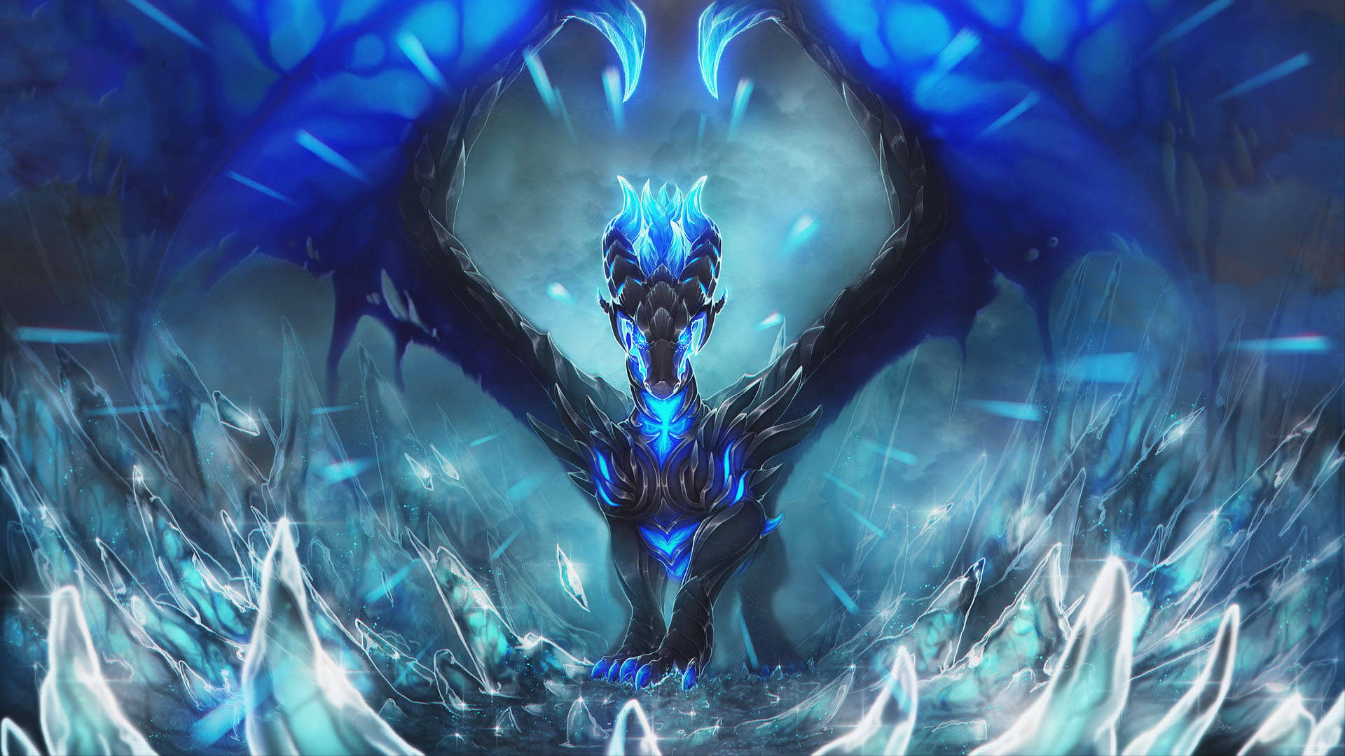 A majestic blue dragon with glowing accents stands amidst a backdrop of ice and crystals. Its wings are outstretched, radiating an ethereal blue light