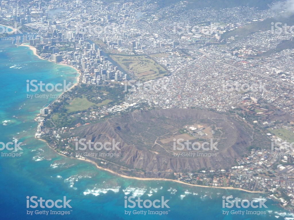 Aerial Of Diamond Head Crater Waikiki And Honolulu Stock Photo