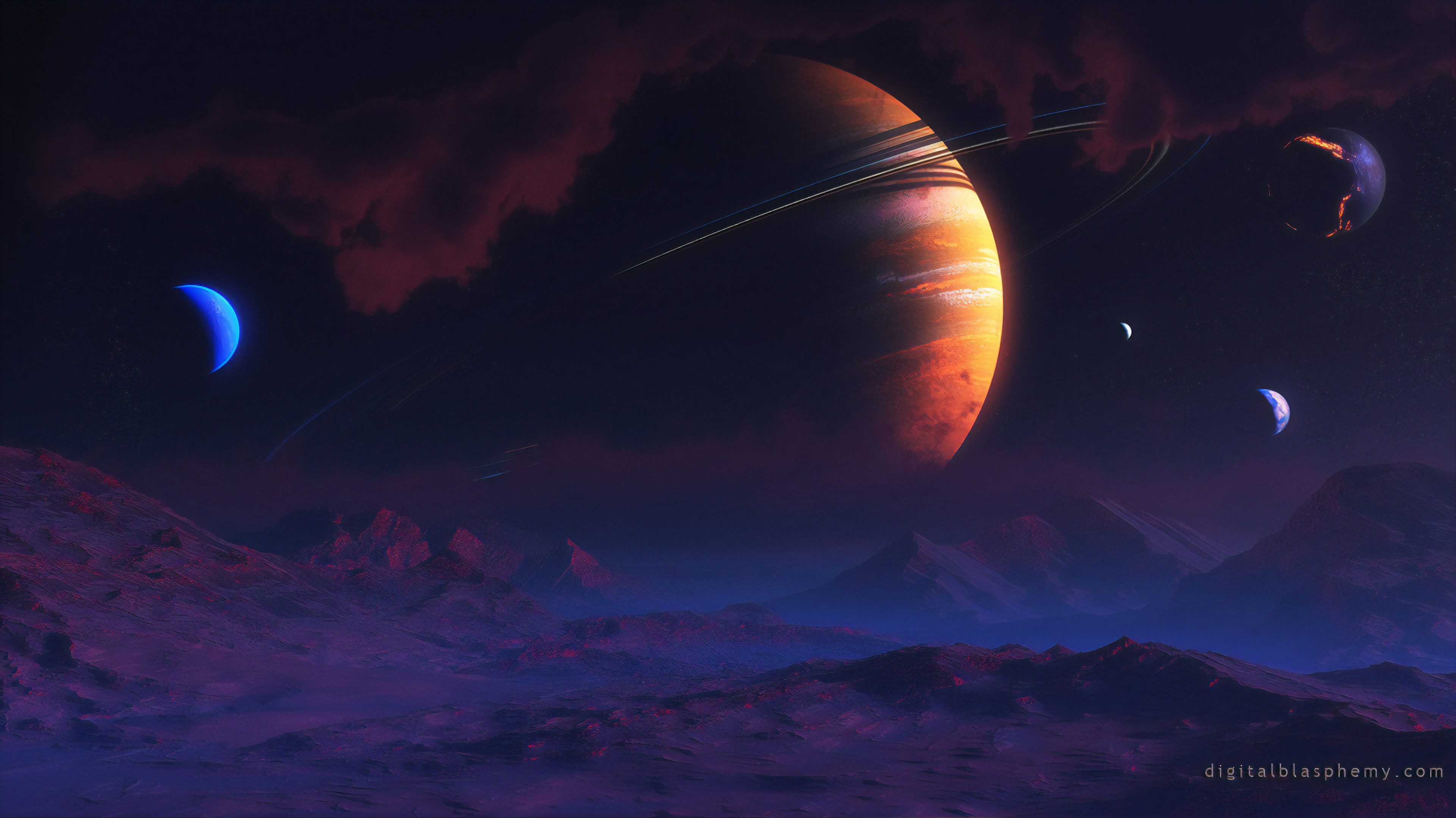 4K Space Wallpaper: Alien Planet Landscape with Ringed Planet and Moons