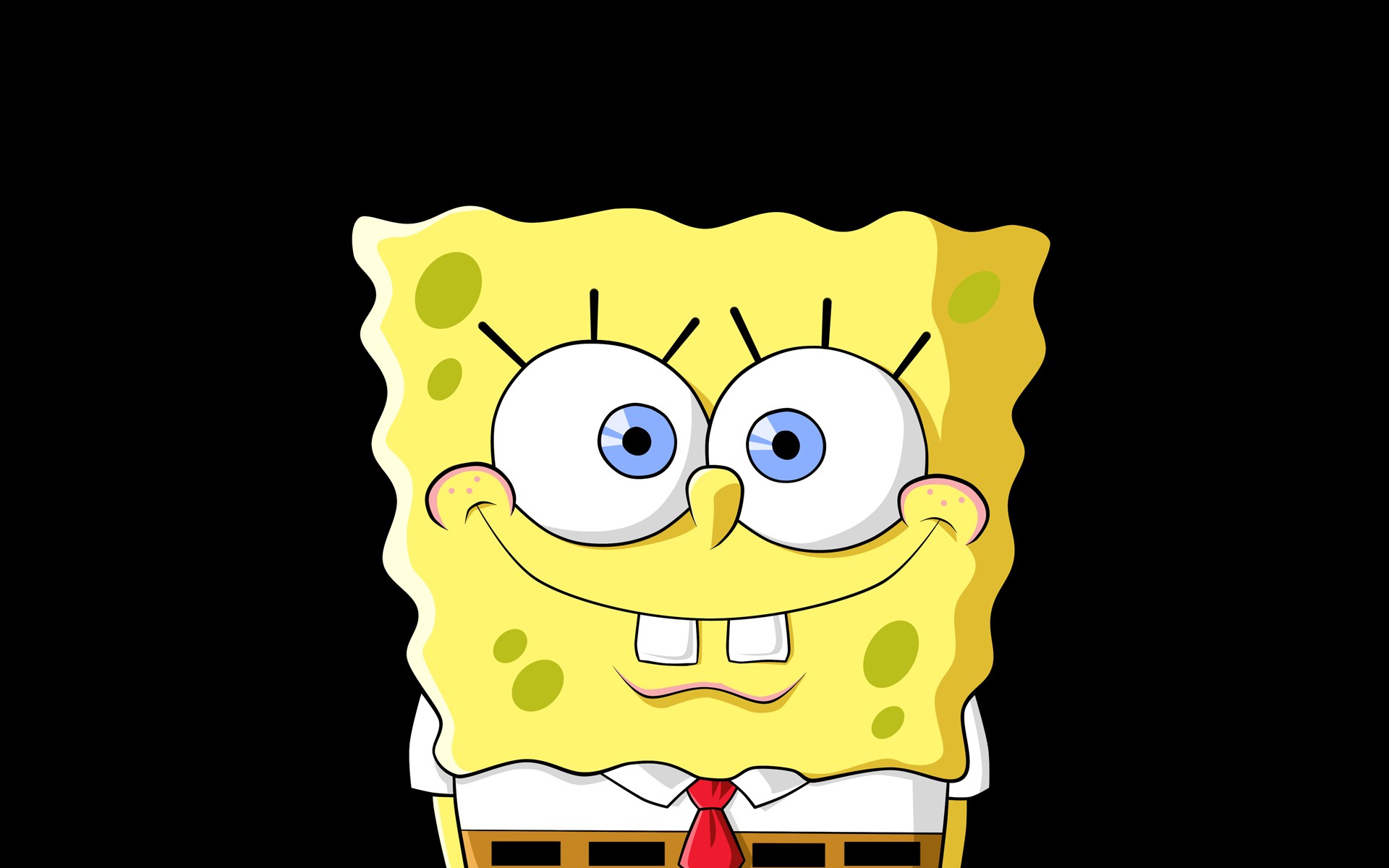 Close-up of Spongebob Squarepants with a cheerful expression, against a black background