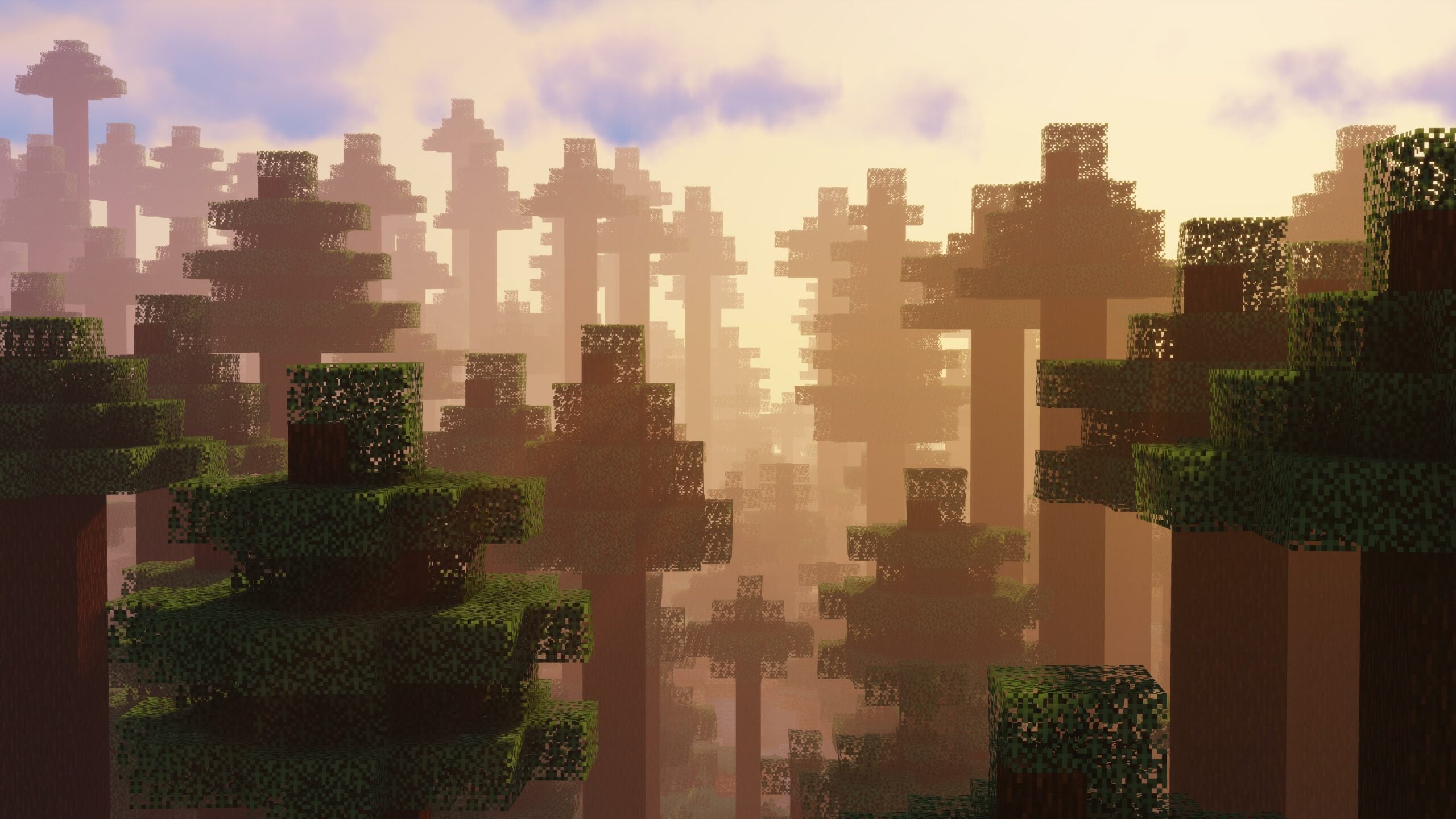 A stunning 4K Minecraft wallpaper showcasing a lush forest bathed in the warm glow of sunset. Pixelated trees create a mesmerizing landscape, perfect for PC backgrounds