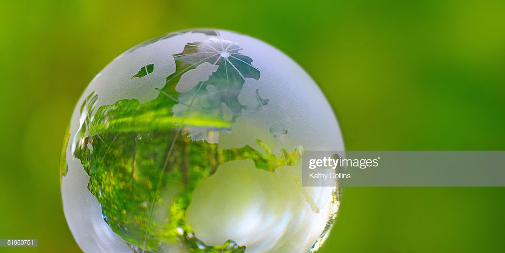 Glass Sunlit Globe Reflecting Trees Against A Green Background