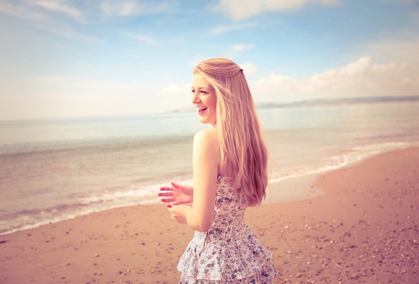 Wallpaper Laugh Smile Girl Woman Beach Sea Dress Hairs Summer