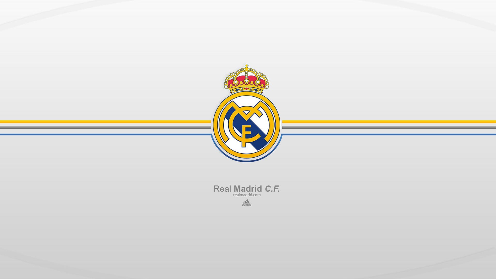 Real Madrid CF logo on a minimalist white background with subtle stripes