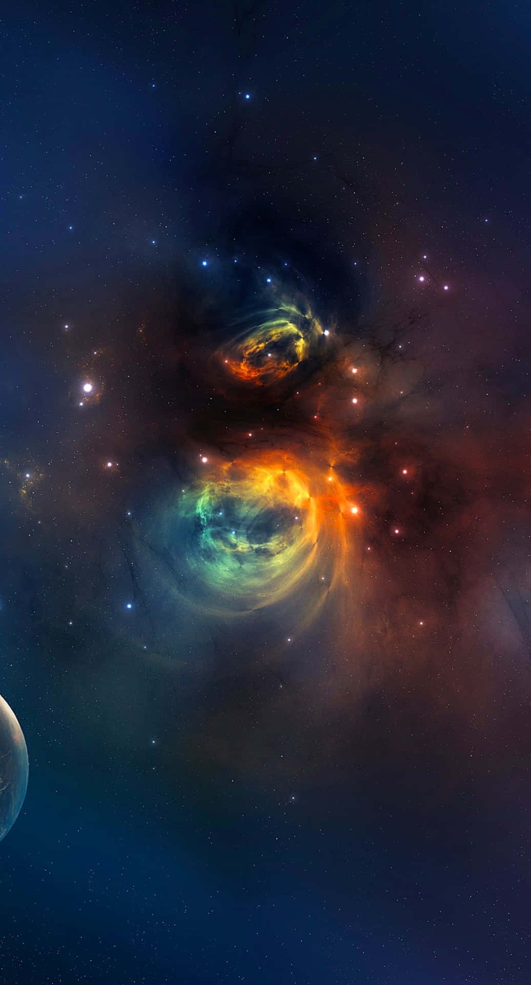 A breathtaking iPhone wallpaper showcasing a vibrant nebula in the vast universe, with swirling clouds of gas and dust in shades of orange, green, and blue, illuminated by the distant glow of stars